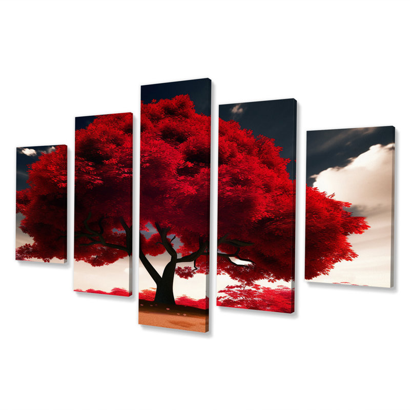 Majestic arbre rouge, photographie de nature II - paysage, arbres, art mural sur toile - 5 panneaux