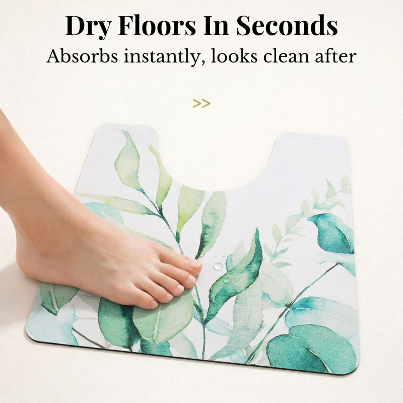 Decorative Contour Bath Mat 20x18 – Ultra Absorbent Quick Dry Rug with Anti-Slip Rubber Backing, White/Green Floral