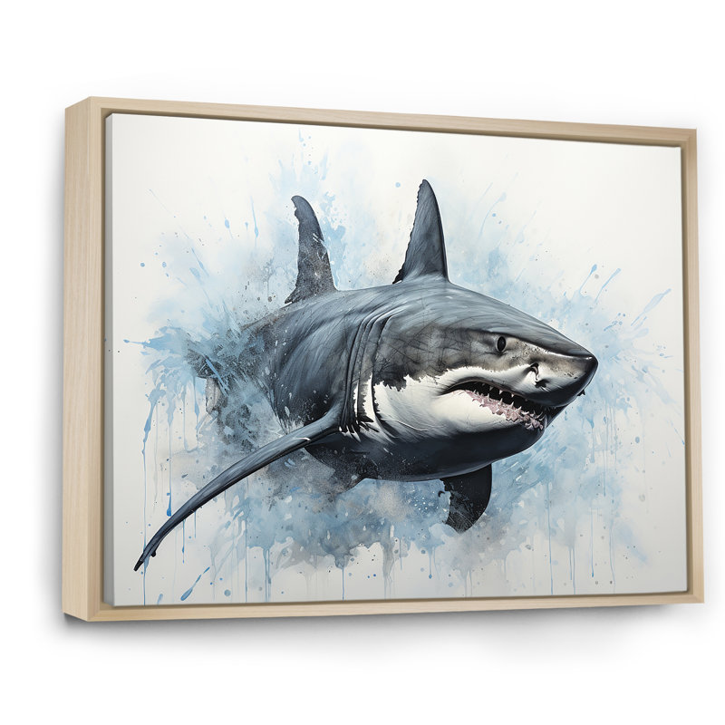 " Minimalism Blue Shark Painting I ", Natural Floater Framed, 16" H x 32" W x 1" D