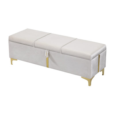 Elegant Upholstered Storage Ottoman Bench with Metal Legs – Bedroom & Living Room Footrest, Extra Seating and Storage, Beige