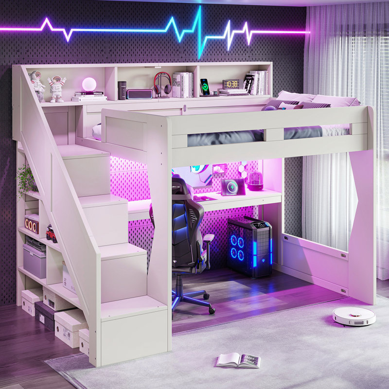 Lit mezzanine double avec escalier de rangement, structure en pin MDF, bureau de jeu moderne, Beige