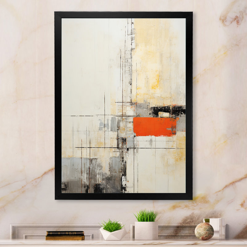 Abstrait pêche gris, collage sur toile - Collages abstraits sur toile, H 32 po x l 24 po, Cadre photo noir