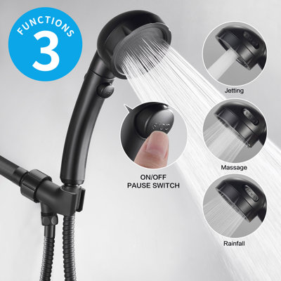 Pomme de douche à main 3 modes noir mat avec interrupteur de pause et support réglable