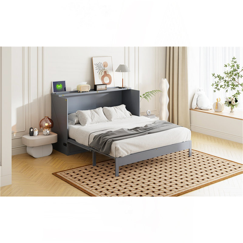 Grand lit escamotable avec grands tiroirs, gris, Gris, Grand lit