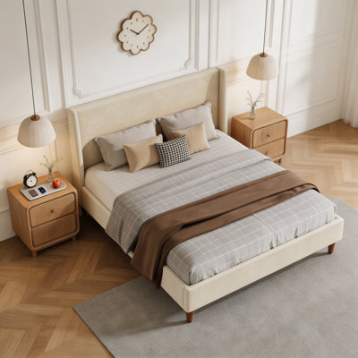 Velvet Upholstered Platform Bed with Wingback Headboard and Walnut Wooden Legs