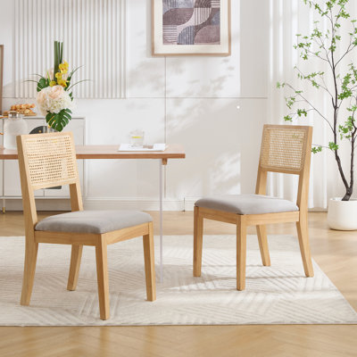 Upholstered Side Chair Modern Solid Wood Dining Chair with Rattan Back