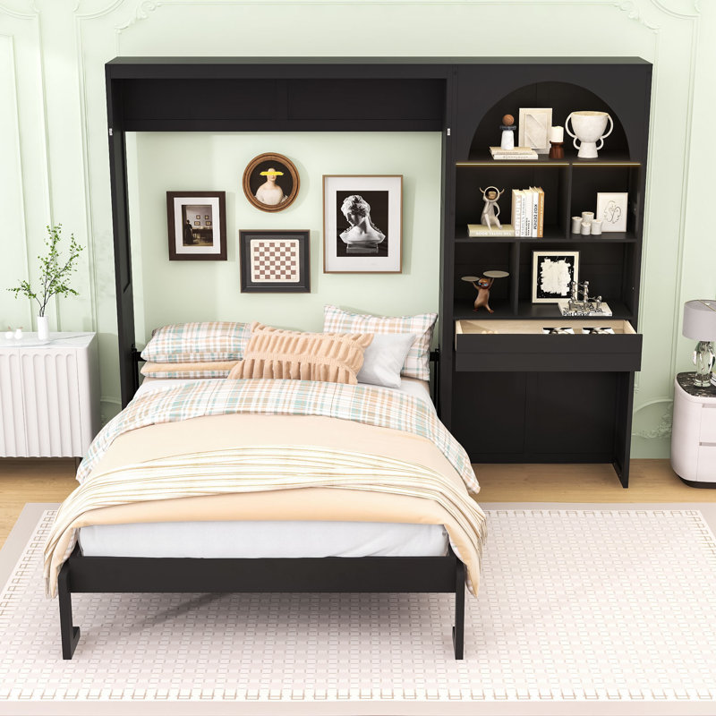 Grand lit plateforme escamotable avec armoires latérales, tablettes de rangement et tiroirs, Black