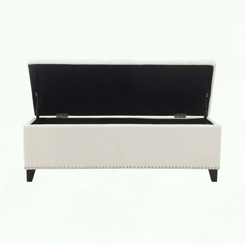 Banc de rangement avec repose-pieds avec charnière de sécurité et capitonnage à boutons en lin, Beige