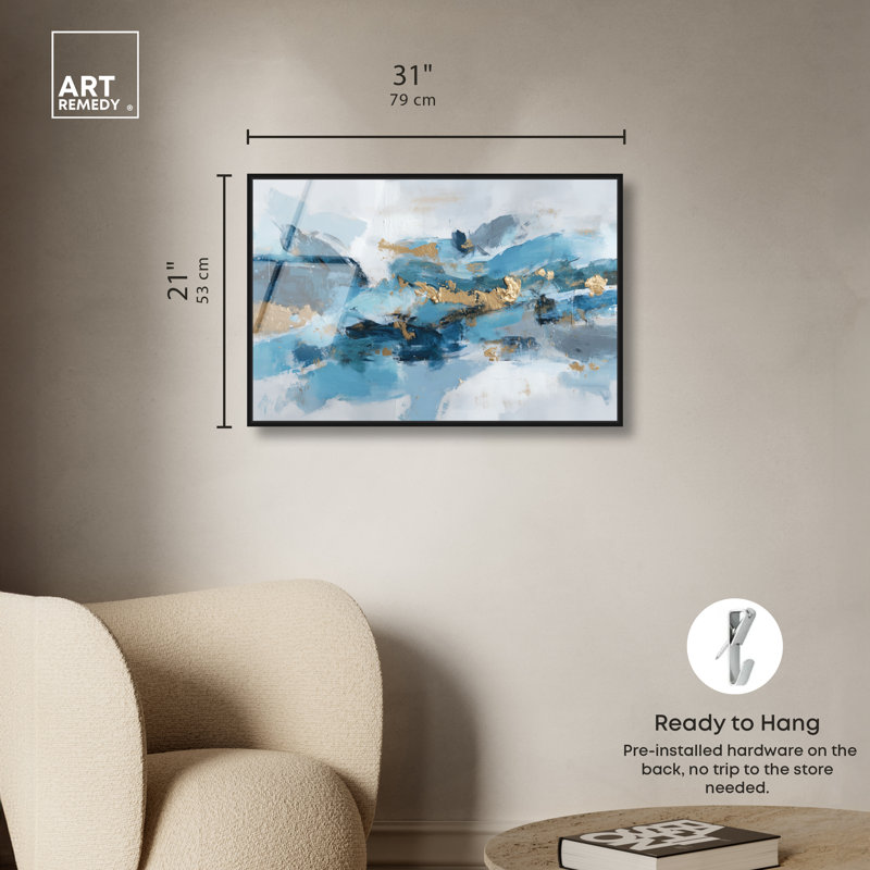 «Ocean Foil II», reproduction d'art acrylique encadrée bleue et dorée par Art Remedy, cadre noir, 30 x 20, H 21 po x l 31 po