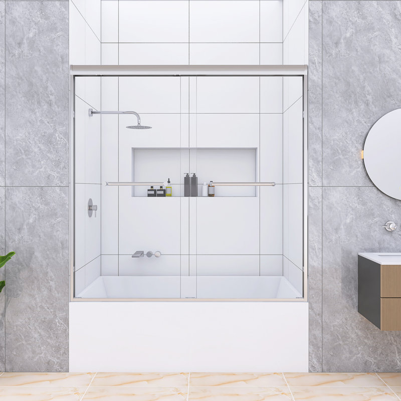 56 à 60 po X P 60 po Porte de douche double H, cadre en alliage d'aluminium chromé, verre trempé de 1/4 po (6 mm)