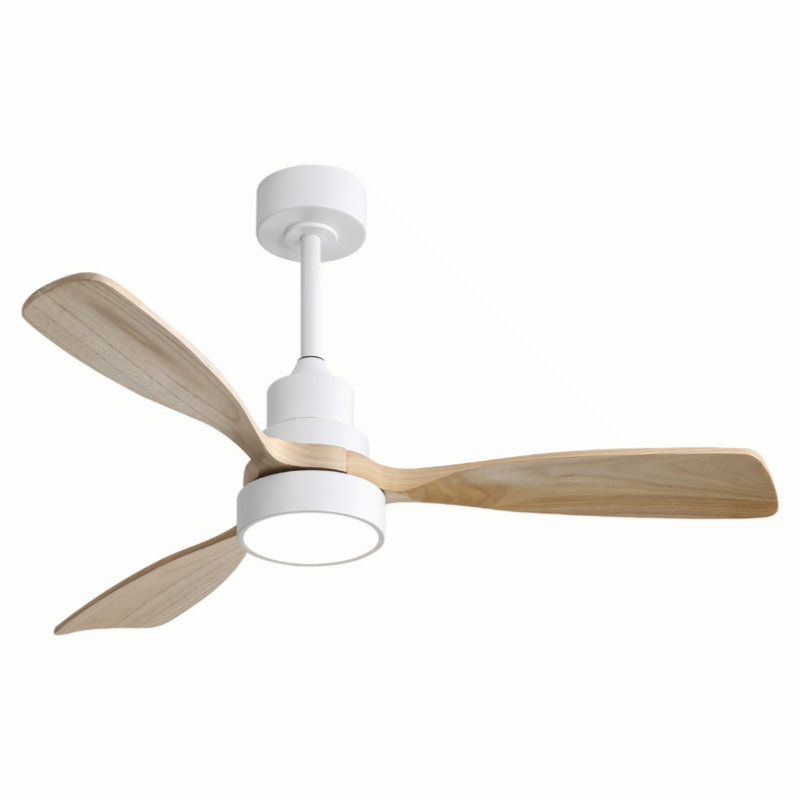 48 Inch Wood Ceiling Fan With 3 Solid Wood Blades Remote Control Reversible DC Motor For Living Room, Natural, White