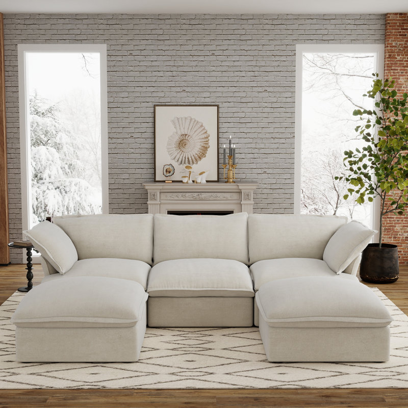 Fairford 5-Piece Upholstered Modern Linen Fabric Sectional With Storage Ottoman, Beige