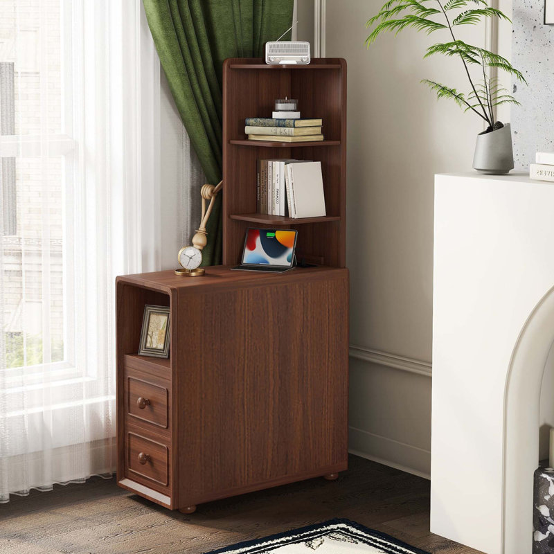 Table de bout avec tiroirs, table de coin avec tablettes ouvertes, table d'appoint haute pour chambre à coucher et coin