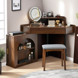 Corner Makeup Vanity with Tri-Fold LED Mirror and Comfy Stool