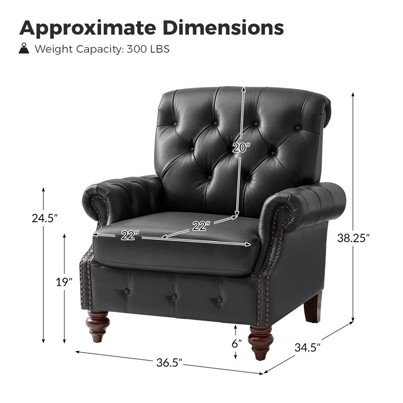 Fauteuil d'appoint en cuir de vache l 36,5 po Alesha, Cuir véritable noir
