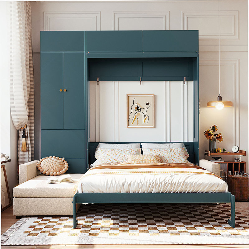 Grand lit escamotable mural avec canapé et tablettes, beige, Beige