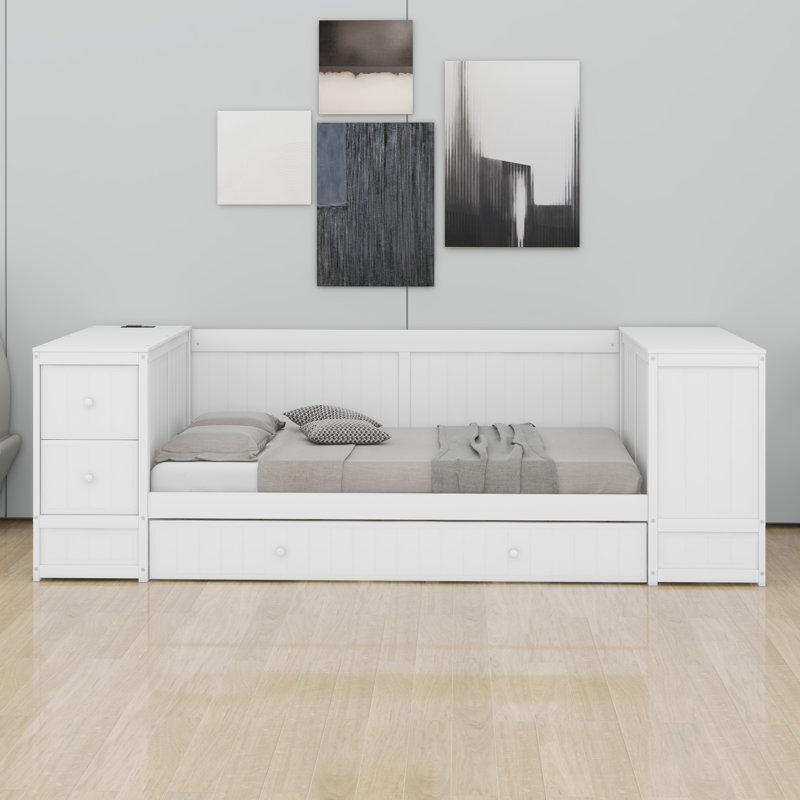 Twin Size Daybed With Trundle, Storage Arms And Charging Station,Wood Bed Frame For Bedroom, White