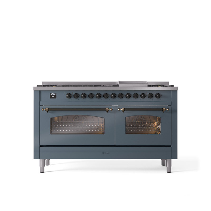 ILVE Nostalgie II 60 Dual Fuel Range, 9 Burners, Griddle, Natural Gas, Blue/Gray/Bronze