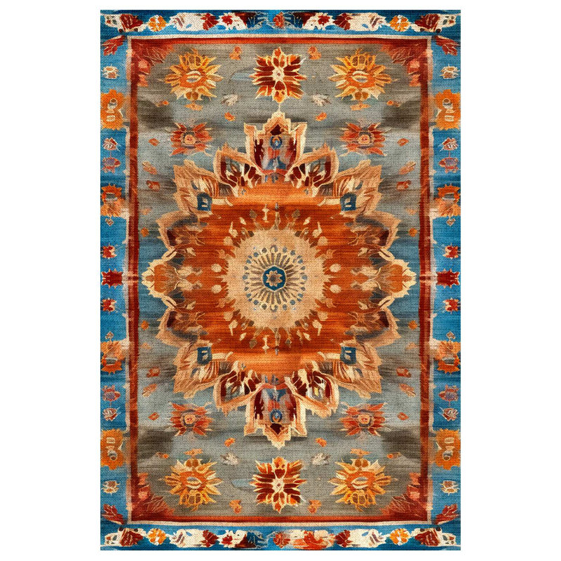 Nouvelle Collection Digital Print Cotton-Polyester Orange Blue Moroccan Rug, Runner 6'7" x 14'10"