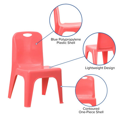 Chaise d'école empilable en plastique Goddard avec poignée de transport et siège de 11 po de hauteur