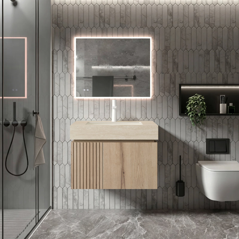 Meuble-lavabo et lavabo de luxe de 61 cm (24 po) pour salle de bain familiale moderne, meuble-lavabo suspendu de style milieu du siècle, meuble-lavabo en pierre frittée