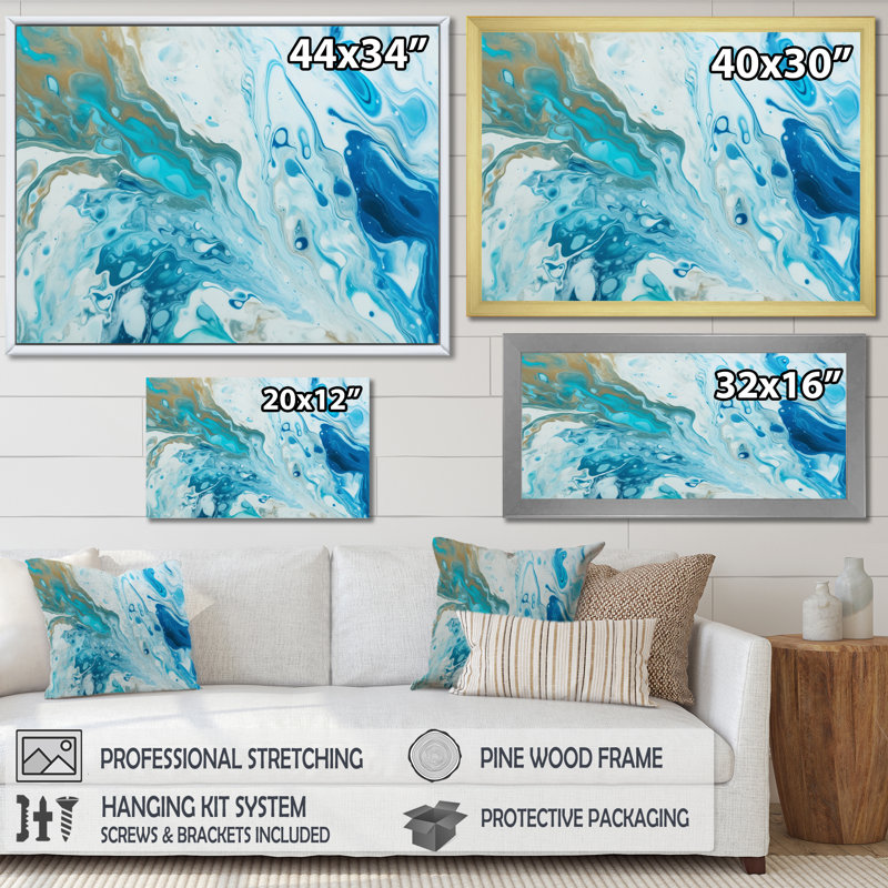 «Bleu et blanc embrassant l'inconnu II», reproduction sur toile, 12" H x 20" W, Cadre flottant doré