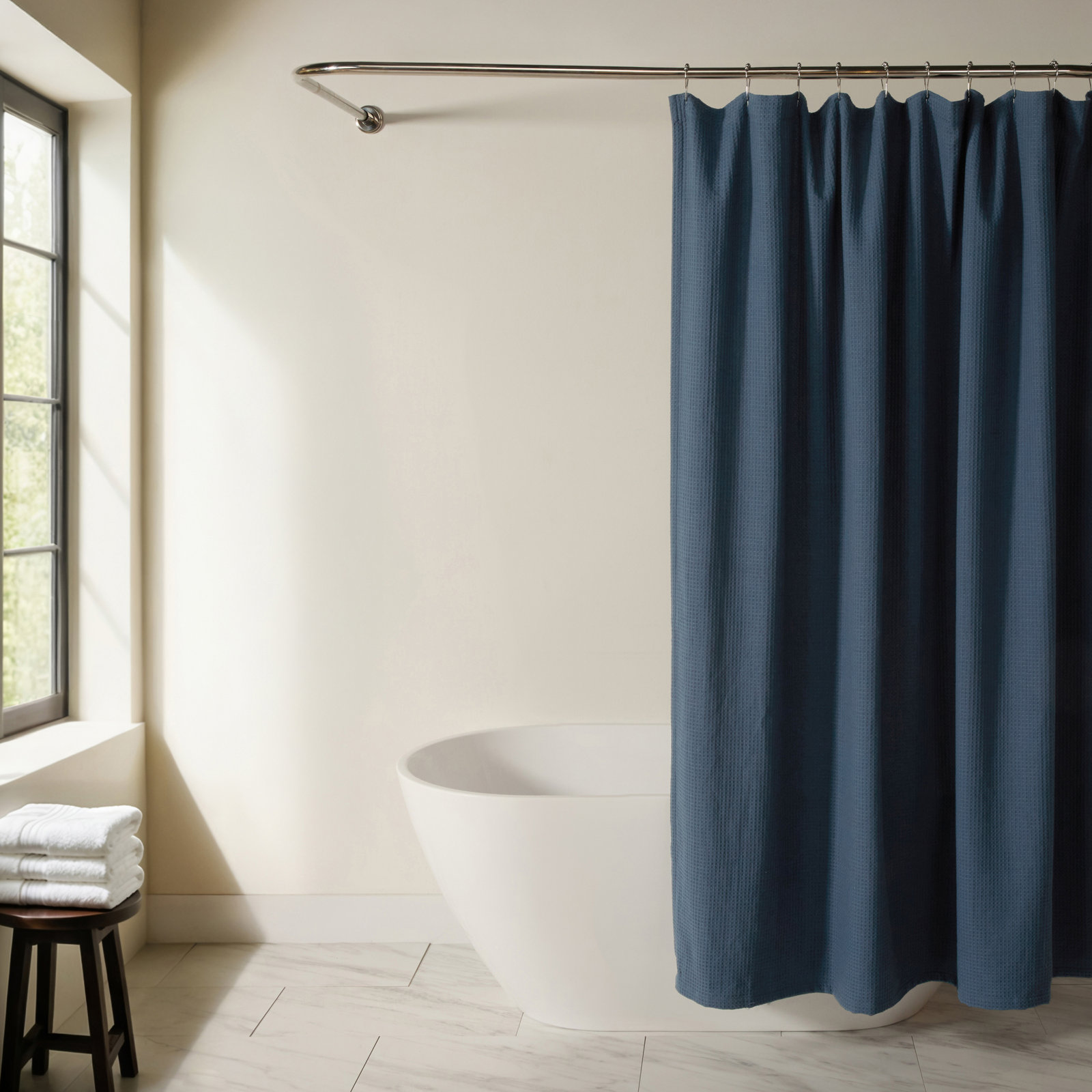Waffle Textured Cotton Blend Shower Curtain, Navy