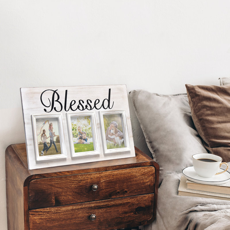 White Wash Wood Triptych Photo Frame with Blessed Typography