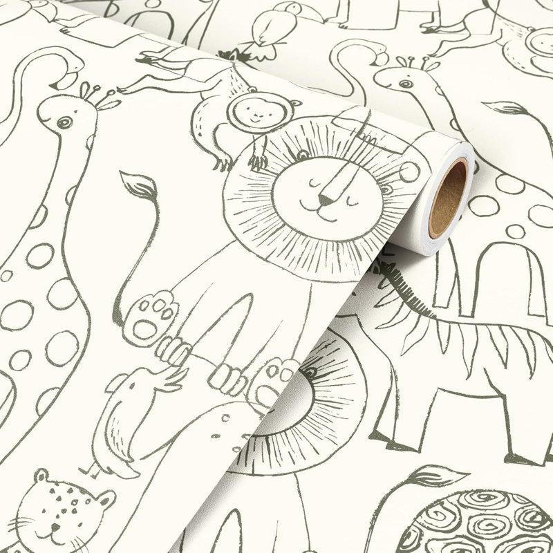 Black and Beige Wallpaper Hand Drawn Animal Wallpaper for Children's Bedroom Nursery 44.5 CM x 7 M