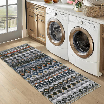 Tapis de couloir à motif géométrique de couloir rétro vieilli 2 x 6 lavable à la machine, antidérapant, long, intérieur, tapis, sans perte de poils, pour la cuisine, la salle de bain et le bureau, gris