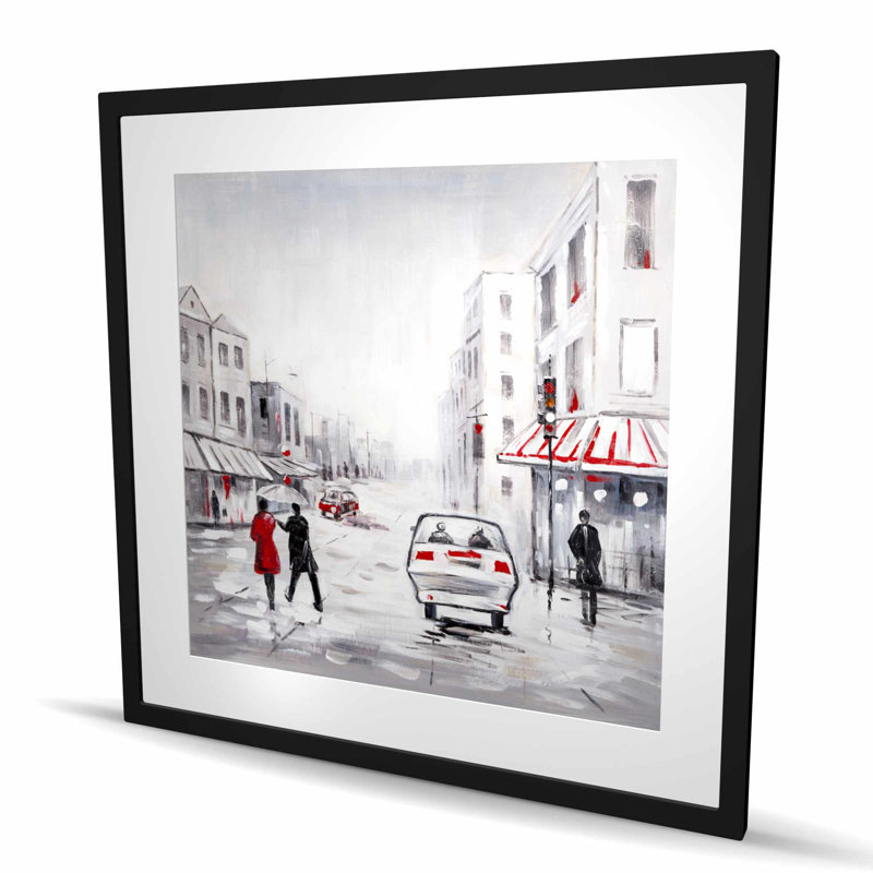 Scène de rue paisible - reproduction encadrée mate pour la décoration intérieure, H 36 po x l 36 po, Noir