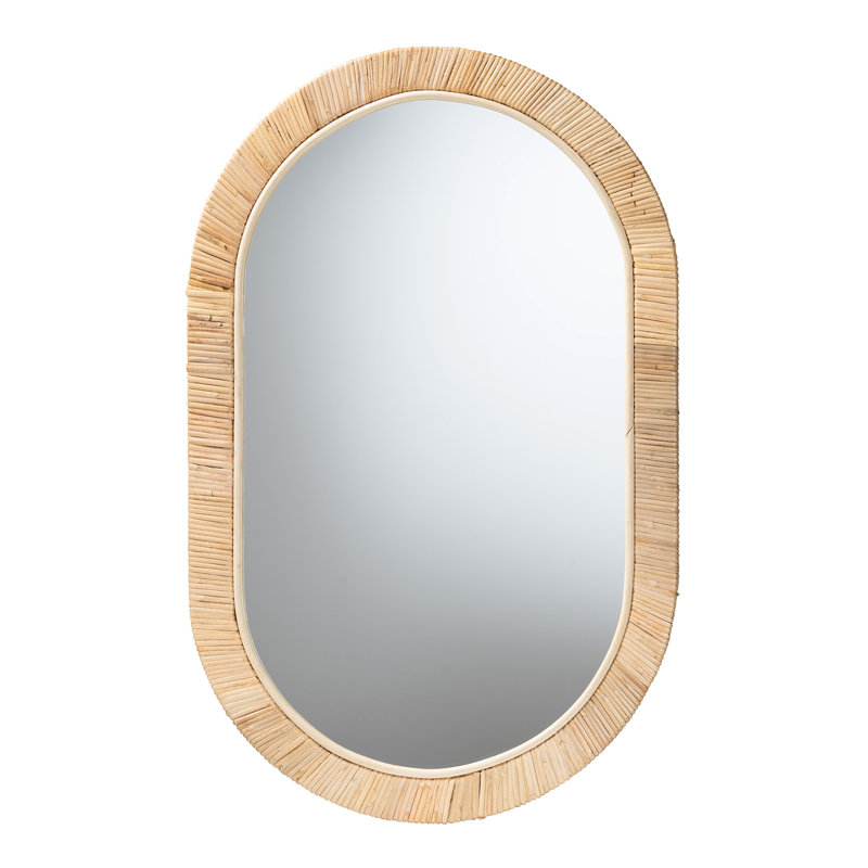 Miroir ovale moderne moderne en bois d'acajou brun naturel et rotin naturel