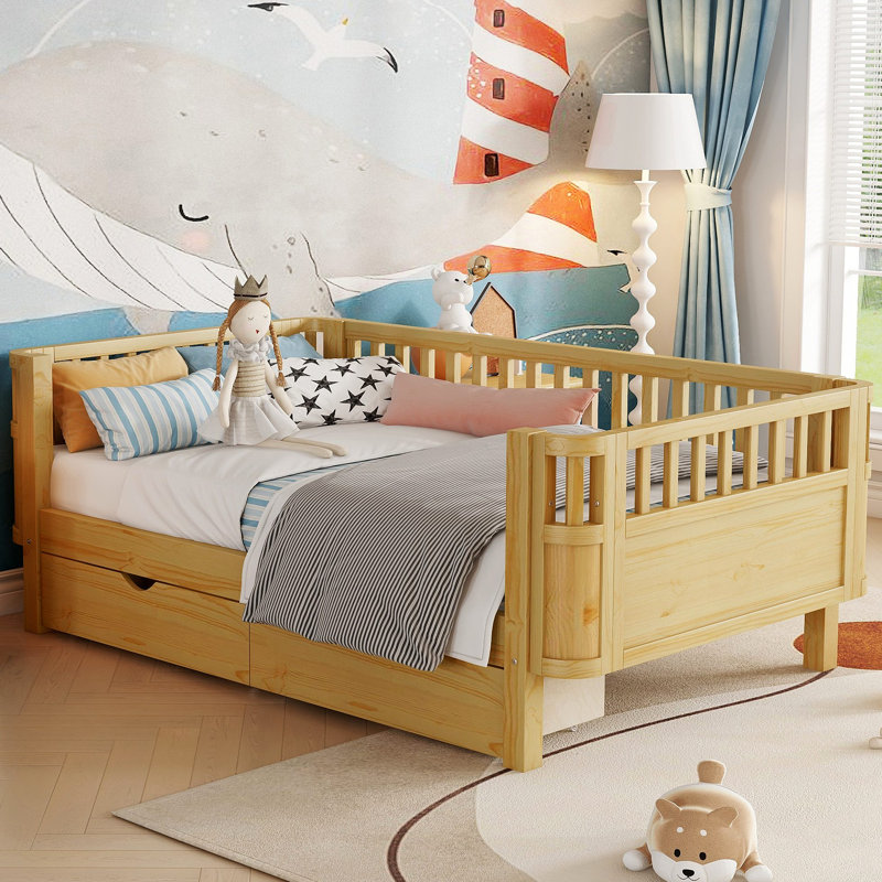 Lit plateforme en bois pour enfants, lit simple en bois à profil bas avec rails pour filles et garçons, Naturel, Lit simple