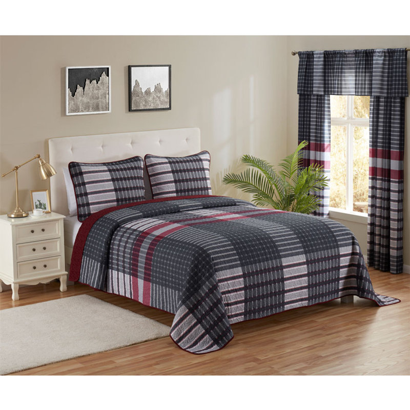  Ensemble de couvre-lit / couvre-lit réversible en microfibre rouge / noir / gris 3 pièces, Double