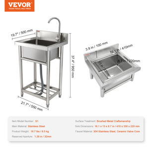 VEVOR 21.7'' L x 19.7'' W Silver Free Standing Laundry Sink with Faucet ...