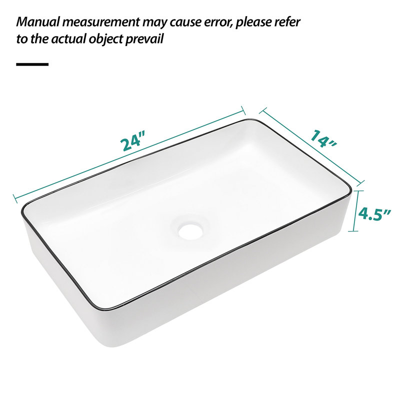 Lavabo de salle de bain vasque rectangulaire 24 "x 14" en céramique blanche, Blanc/Noir