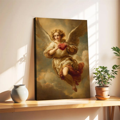 Tableau classique d'ange avec cœur sur toile encadrée, prêt à accrocher, pour salon, chambre ou décoration intérieure.