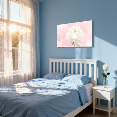 Tableau aquarelle floral de pivoines blanches sur toile tendue, idéal pour décorer le salon ou la chambre.