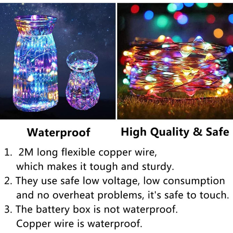 Paquet de 12 guirlandes lumineuses à piles 20 lumières de Noël imperméables pour l'extérieur, lucioles pour chambre à coucher, décorations d'anniversaire pour mariage