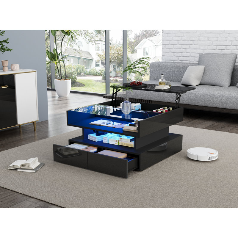 Table basse à hauteur réglable de 31,4 po avec plateau en verre et éclairage DEL Everlynn, Noir
