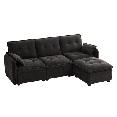 CloudSink 96" Modular L-Shaped Sofa,3-Seat + Movable Ottoman, Extra Deep Seat, Pet-Friendly Chenille, Tool-Free Assembly, Black for Small Spaces & Living Room