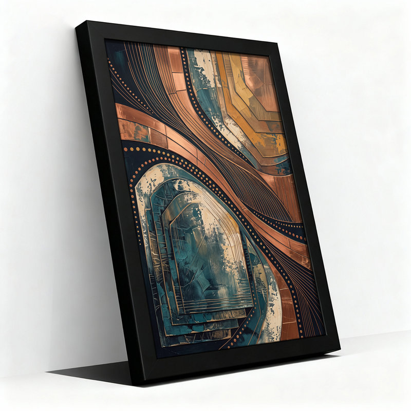 Art mural moderne sur toile à lignes géométriques abstraites cuivrées et bleu sarcelle, H 36 po x l 24 po