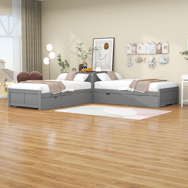 Kids Twin Platform with Trundle with Drawers, Gray