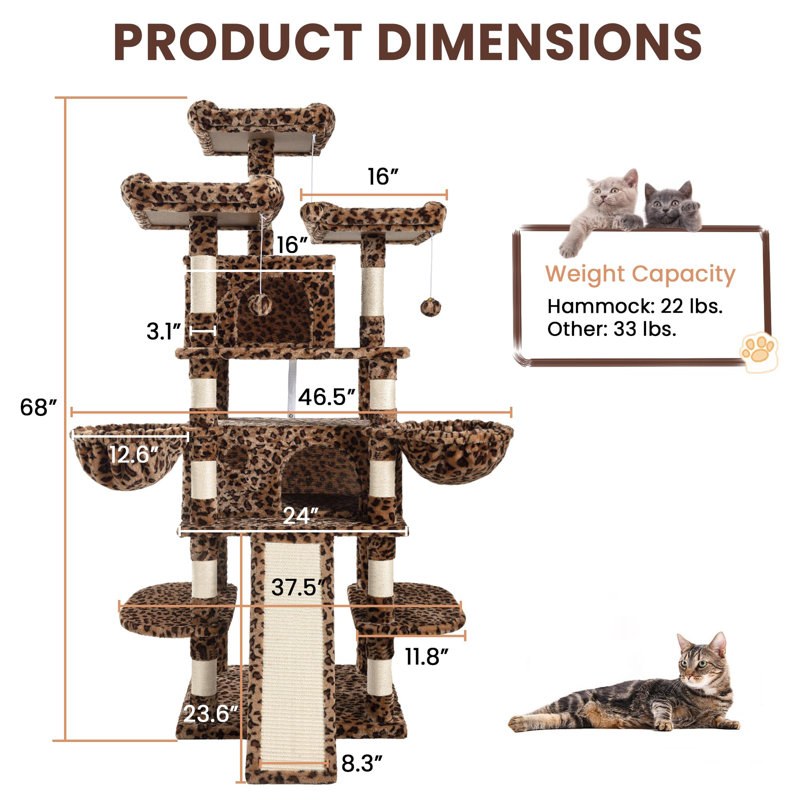 Multi-Level Leopard Print Cat Tree With Sisal Scratching Posts, Plush Lounging Areas & Stable Base - Indoor Use, For All Breed Sizes