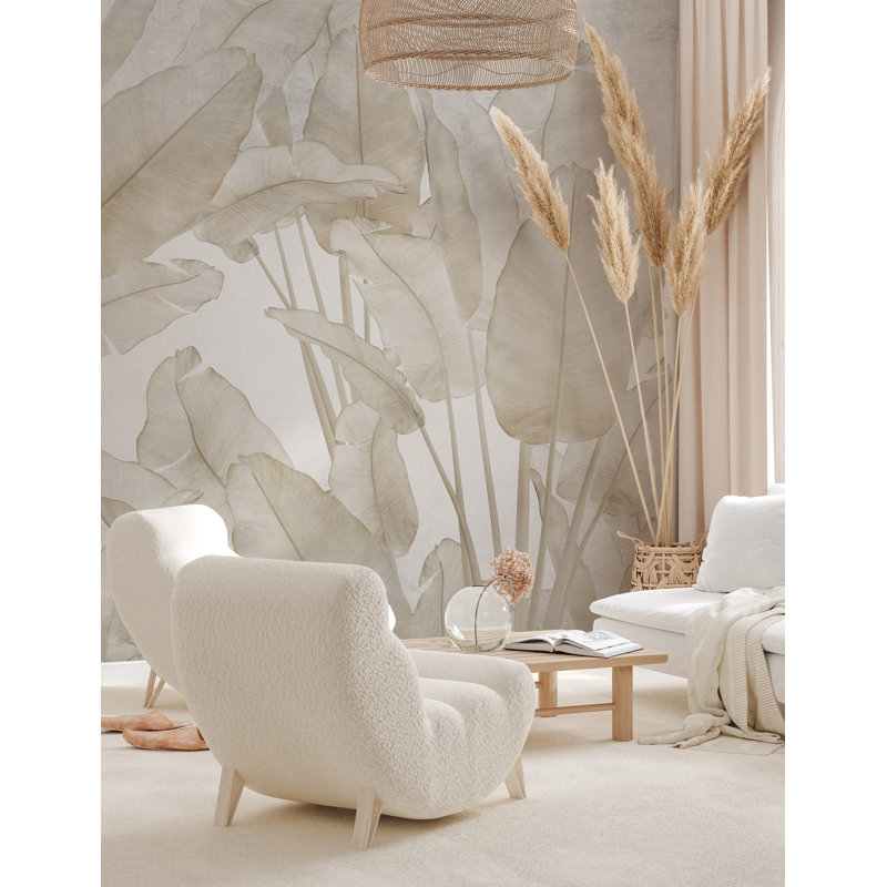 Papier peint neutre avec feuilles tropicales et beige, L 106 po x l 187 po