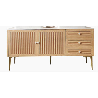 Armoire de salle de bain autoportante 60 po avec comptoir en pierre frittée blanc Carrara, 2 tiroirs et 3 portes, sans vasque, couleur chêne clair