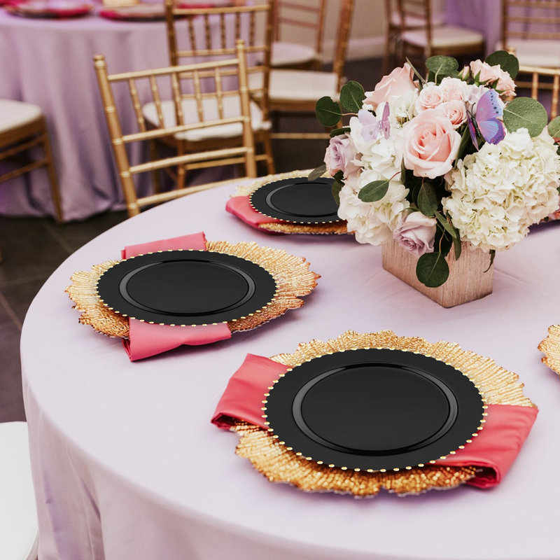 Assiettes plates rondes jetables en plastique noir avec cordon de perles dorées (25 cm) - 120 assiettes