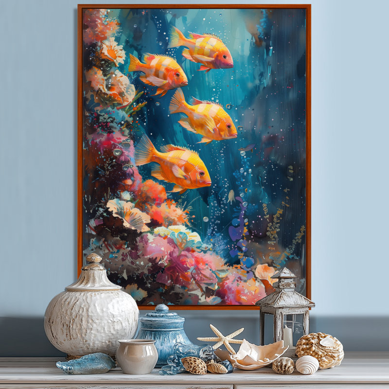 «Blue Orange Coral Marine Fish Life III», art mural corail, Cadre flottant brun, bois massif, H 12 po x l 20 po