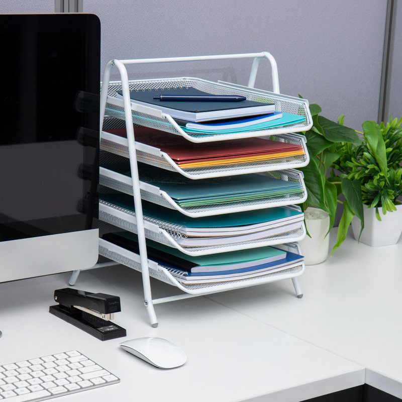 White Metal Mesh 5-Tier Letter Tray Organizer with Handle