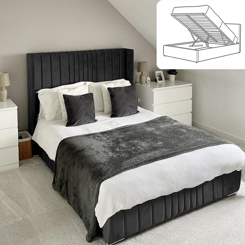 Vista Wingback Ottoman Storage Bed - Plush Velvet Gas Lift Bed Frame with Headboard, Double (4'6), Black